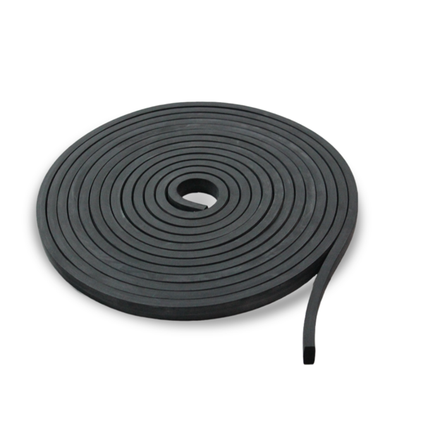 Rolo de material de borracha ou de fita de vedação, enrolado em formato circular, utilizado em aplicações industriais, de isolamento ou de proteção, com uma extremidade soltando-se para facilitar a instalação ou o corte no tamanho desejado.