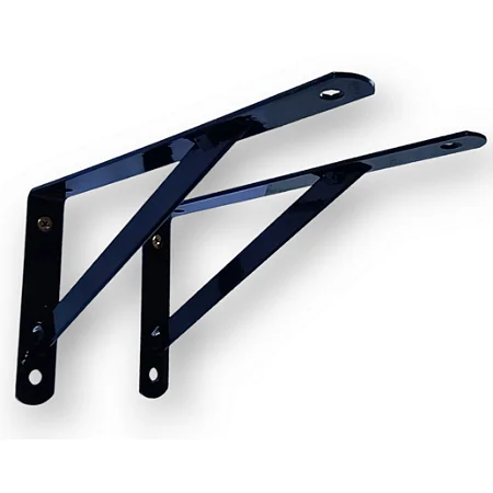 "Suporte de parede articulado de metal na cor preta, com duas braços extensíveis e orifícios para fixação, utilizado para suporte de prateleiras ou itens variados."