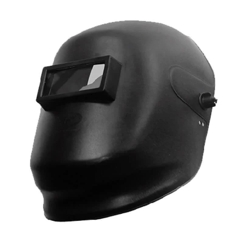 Uma máscara de solda preta com visor automático. Ela cobre toda a cabeça e possui uma luz frontal que serve como visor para facilitar a visualização durante a soldagem.