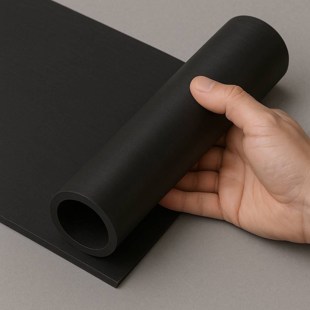 Rolo de lençol de borracha preta, parcialmente desenrolado, apoiado sobre uma superfície cinza. A mão de uma pessoa segura a extremidade do rolo, evidenciando a flexibilidade e textura do material.