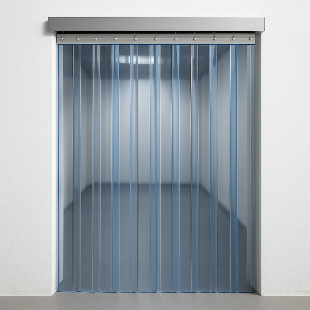 Porta de cortina de PVC polar para câmara fria, com estrutura de instalação superior e divisórias verticais transparentes, instalada em uma parede branca, projetada para manter o ambiente interno refrigerado enquanto permite o acesso fácil.