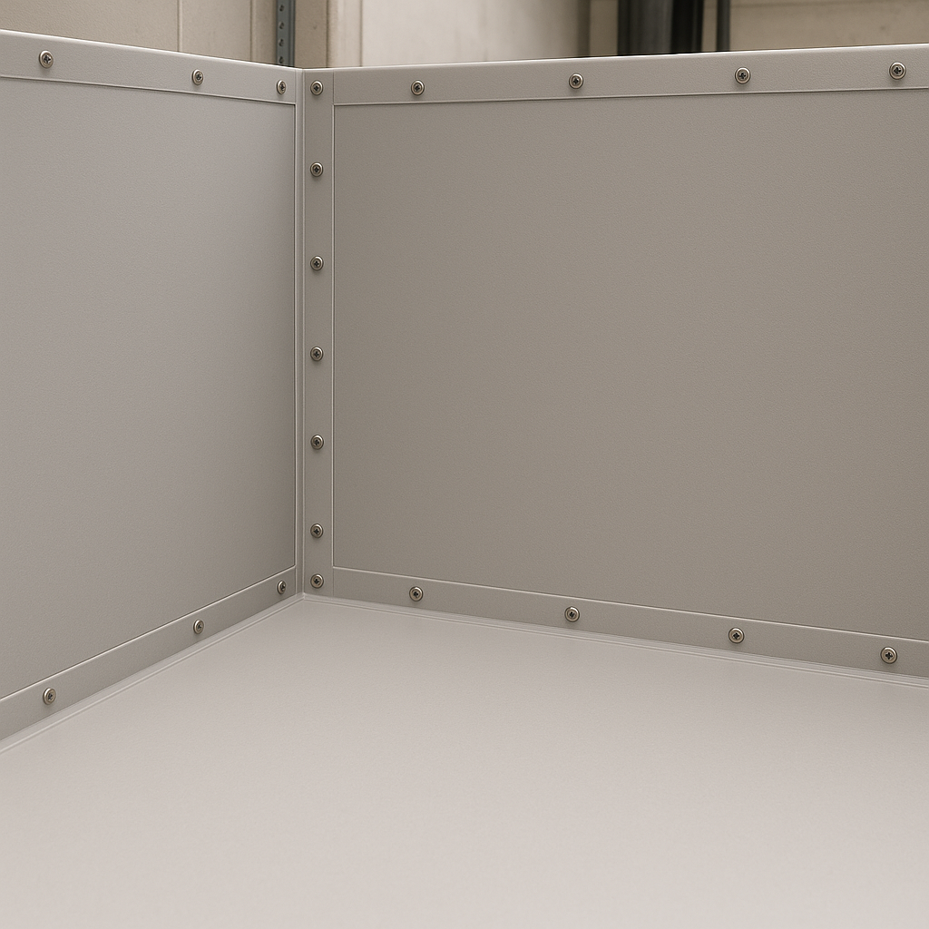Painel de parede de cor cinza claro, com acabamento liso e fixado com parafusos de metal ao redor das bordas, formando um canto interno de interior, possivelmente em um ambiente industrial ou de escritório.