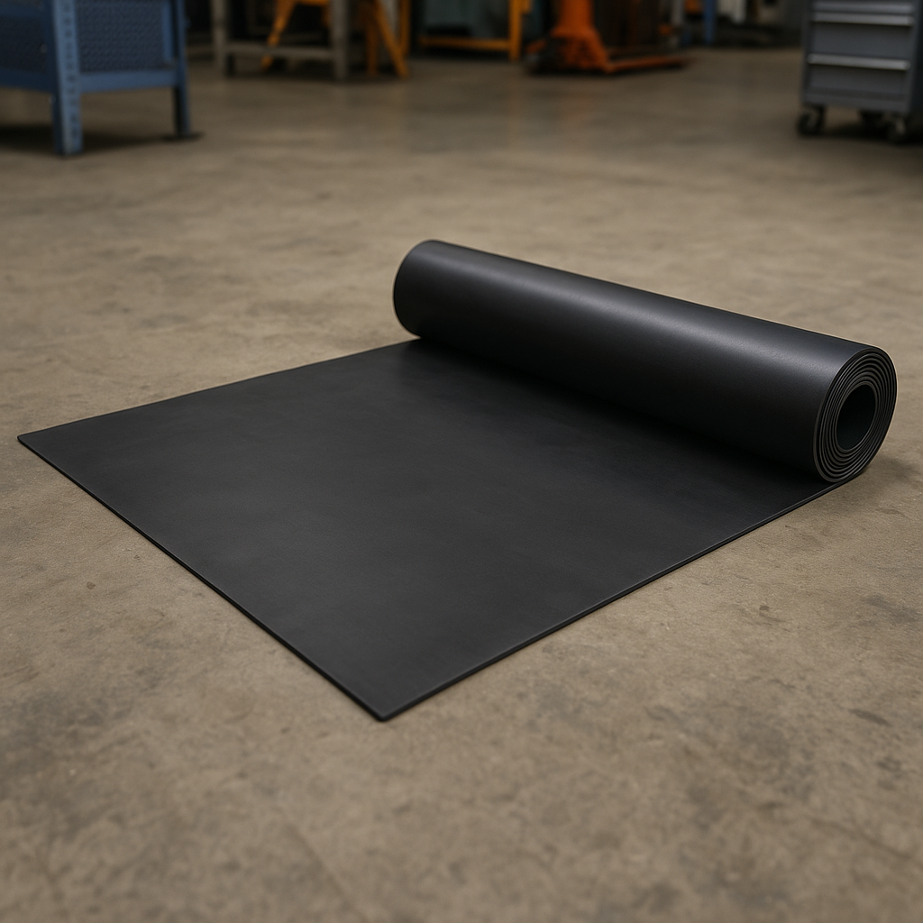 Lençol de borracha preto, parcialmente desenrolado, repousando sobre uma superfície de cimento.