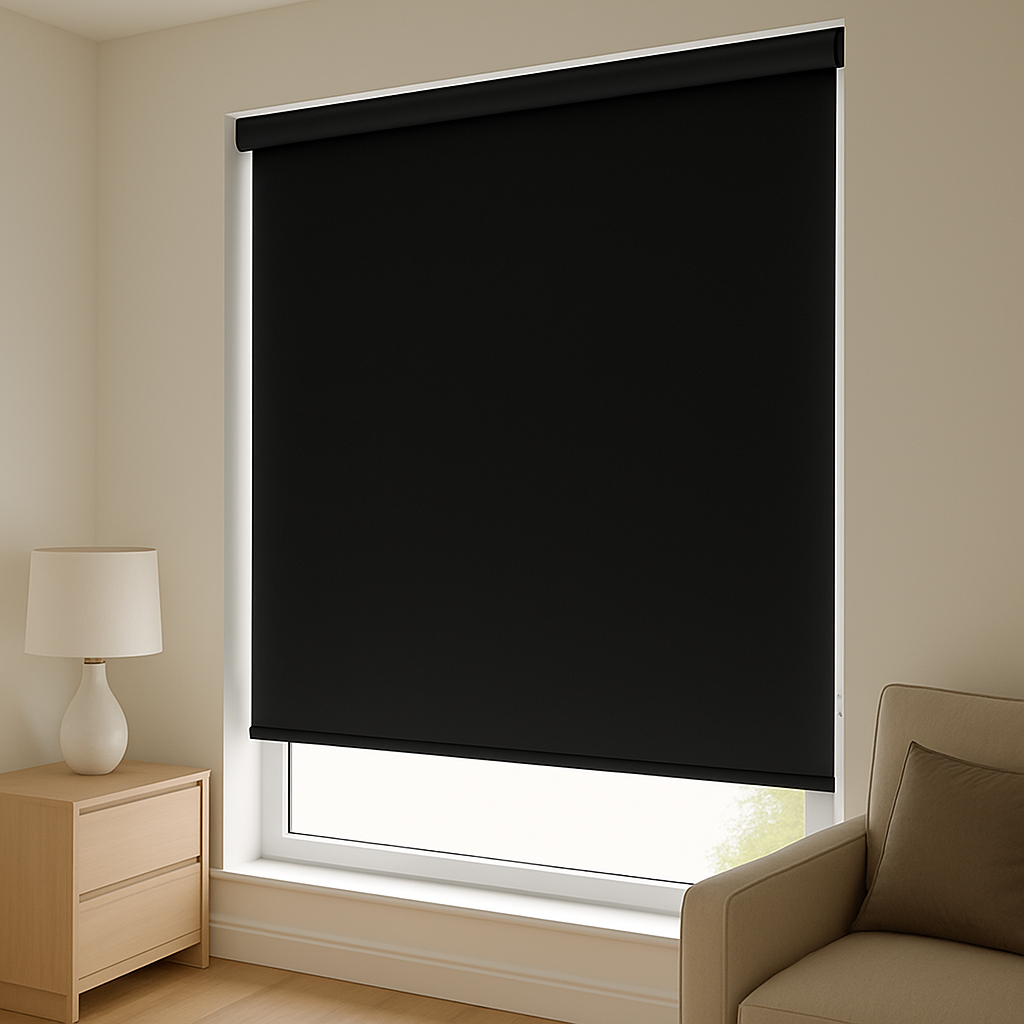 Um quarto moderno e minimalista com uma grande janela coberta por uma persiana blackout de PVC preto, totalmente abaixada para bloquear a luz solar. O espaço apresenta paredes de cores claras, um criado-mudo de madeira com um abajur de cerâmica e parte de uma poltrona bege com almofada, criando um ambiente calmo e aconchegante.