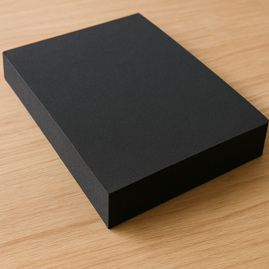 Caixa preta com acabamento texturizado, colocada sobre uma superfície de madeira clara.