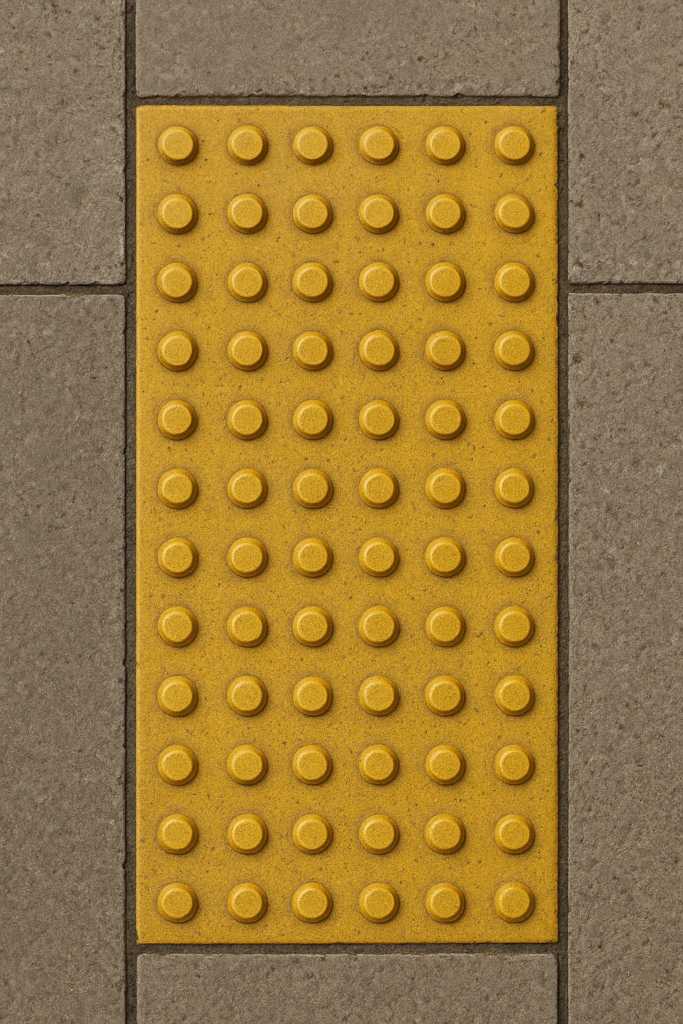 Este é um piso de calçada com uma placa de piso tátil de alerta em amarelo, composta por diversos relevo em forma de círculos dispostos em uma matriz. Essa placa está cercada por lajes de concreto cinza, proporcionando uma superfície de caminhada acessível para pessoas com deficiência visual.