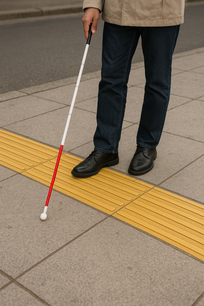 Esta imagem mostra uma pessoa de roupas casuais, usando sapatos pretos, diante de uma faixa de piso tátil de alerta em amarelo instalada na calçada. A pessoa segura um bastão branco com ponta vermelha, utilizado por deficientes visuais para auxiliar na orientação e na detecção de obstáculos. A calçada ao redor é feita de lajes de concreto cinza.