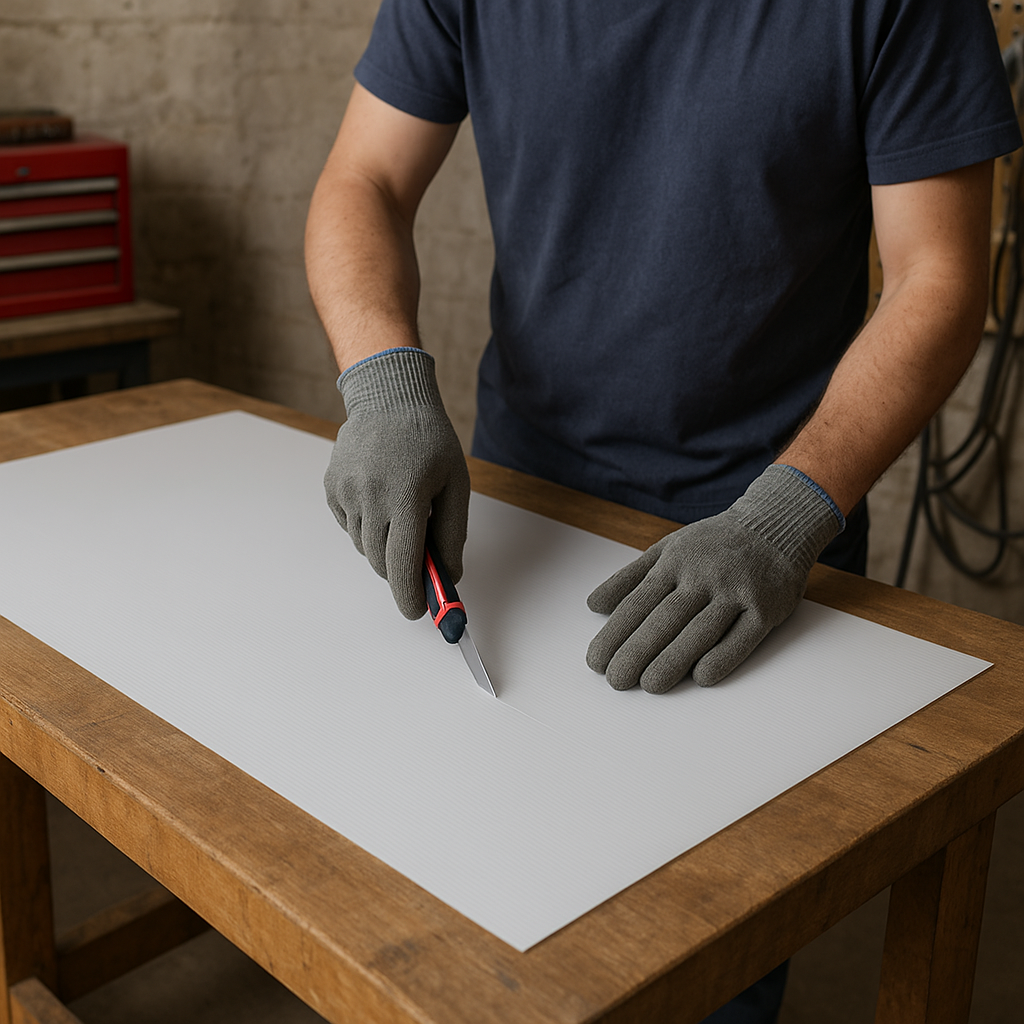 Homem usando luvas de proteção cortando uma chapa de material branco de polipropileno em uma mesa de madeira, com fundo de parede de tijolos.