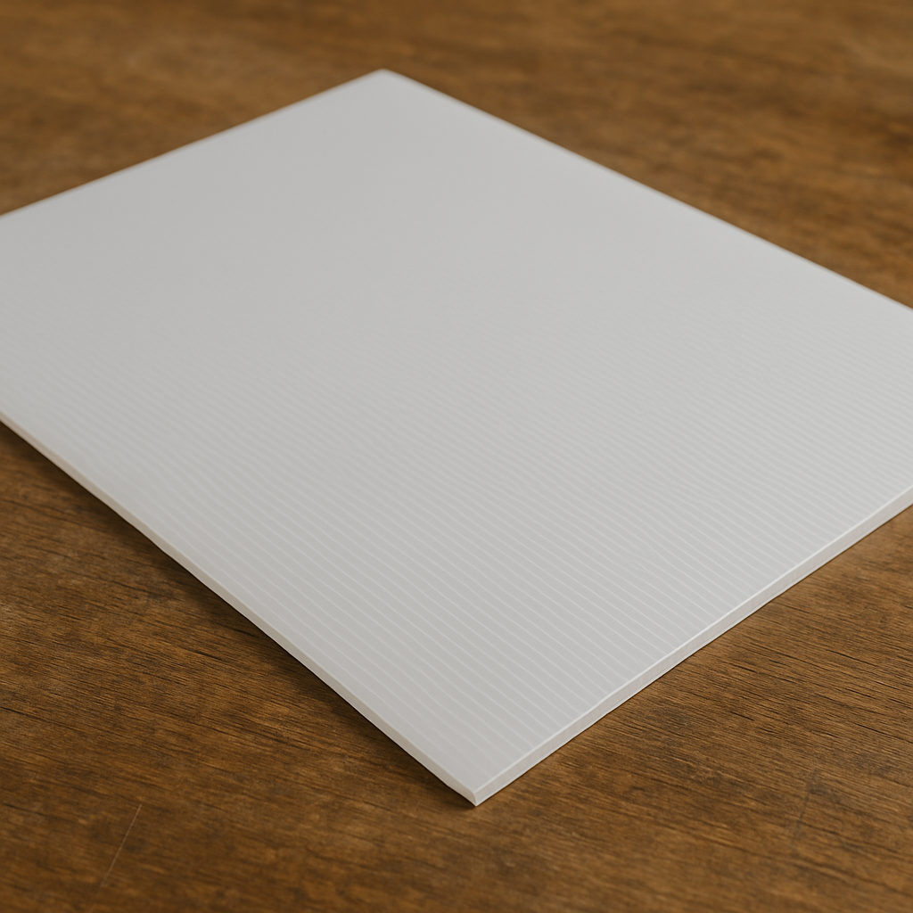 Uma chapa de material branco com textura ripada, colocada sobre uma superfície de madeira, vista de um ângulo superior.