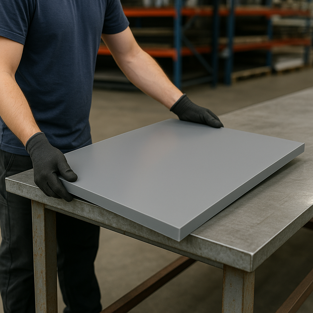 Uma pessoa usando luvas pretas está segurando uma placa de metal cinza, que está apoiada sobre uma bancada de trabalho de aço em um ambiente industrial ou de fábrica. A pessoa veste uma camiseta azul escura e a cena sugere um ambiente de produção ou montagem. No fundo, há estantes com materiais ou componentes armazenados.