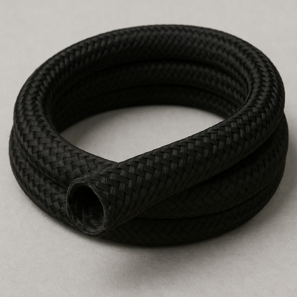 Mangueira revestida com uma capa protetora preta, enrolada em forma de espiral, para aumentar a durabilidade e proteção contra desgaste. Ideal para uso industrial, agrícola ou doméstico, garantindo maior segurança no transporte de líquidos e gases.

