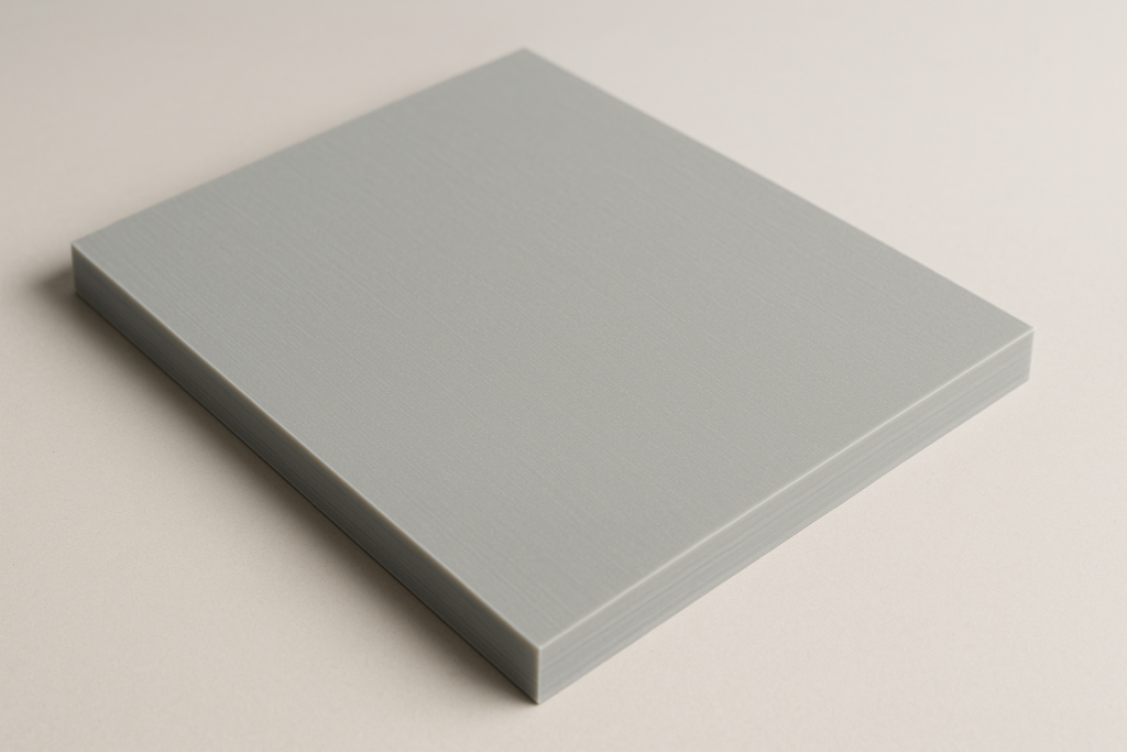 Uma chapa retangular de pp de cor cinza clara, com uma textura sutil, repousa sobre uma superfície neutra, representando um material versátil com aplicações variadas na indústria e no design.