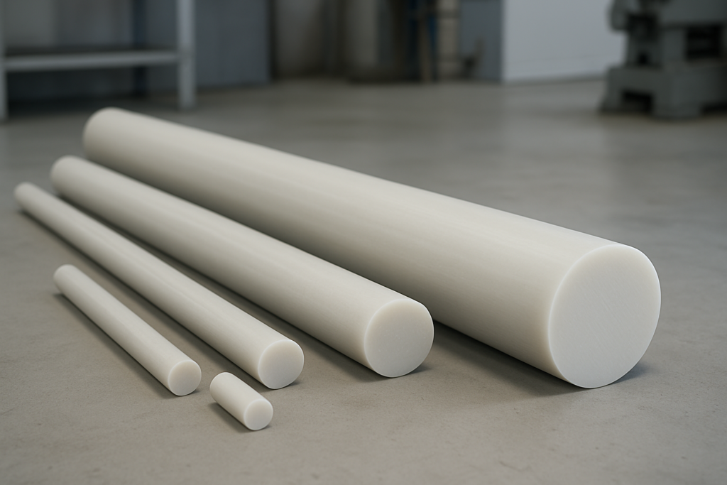 Quatro tarugos de nylon de diferentes tamanhos estão dispostos sobre uma superfície sólida, apresentando uma textura lisa e cor branca. Esses componentes industriais são utilizados em diversas aplicações pela sua resistência, leveza e durabilidade.