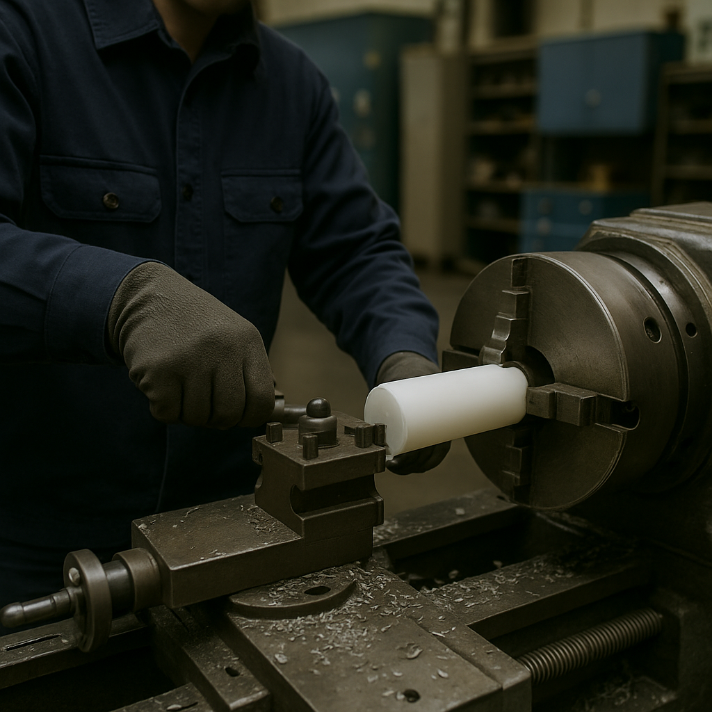 Um operador utilizando luvas de proteção trabalha com uma peça de material plástico branco em um torno de usinagem industrial, ajustando ou conformando a peça enquanto ela é fixada na máquina. O ambiente parece uma oficina ou fábrica, com ferramentas e equipamentos ao fundo.