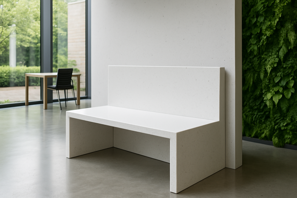 Uma estrutura de assento moderna e minimalista, construída com uma chapa de polipropileno de 15mm. A peça possui um design geométrico limpo, com linhas retas e superfícies lisas, destacando-se por sua simplicidade e funcionalidade. Está posicionada em um ambiente com piso de cor neutra, ao lado de uma parede de vidro que permite a entrada de luz natural, e há um painel verde na parede ao fundo, criando um contraste entre o mobiliário e o ambiente natural ao redor.