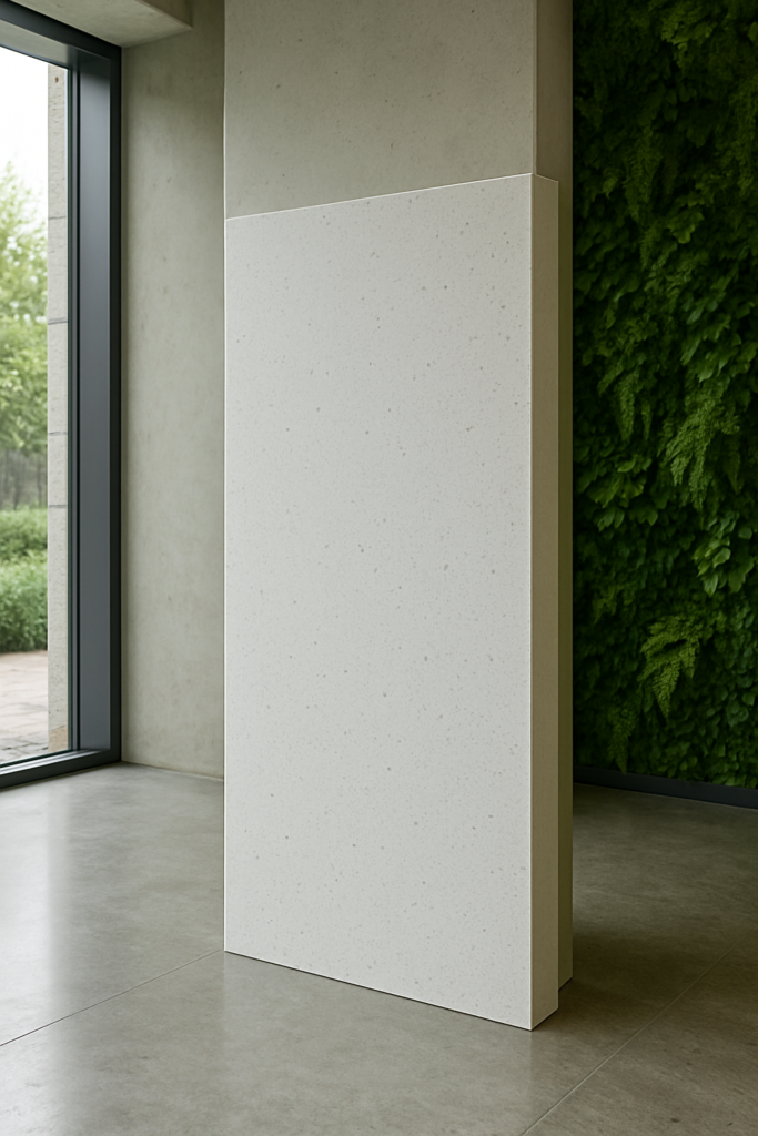 Uma parede de destaque com acabamento em chapa de polipropileno de 15mm, de cor clara e superfície lisa, instalada em um ambiente moderno e minimalista. A parede é ladeada por uma grande janela de vidro que permite a entrada abundante de luz natural, realçando a cor neutra do material. Ao lado, há uma parede de vegetação verde, criando um contraste natural com o acabamento liso e clean da chapa de PP, contribuindo para uma atmosfera contemporânea e harmoniosa.