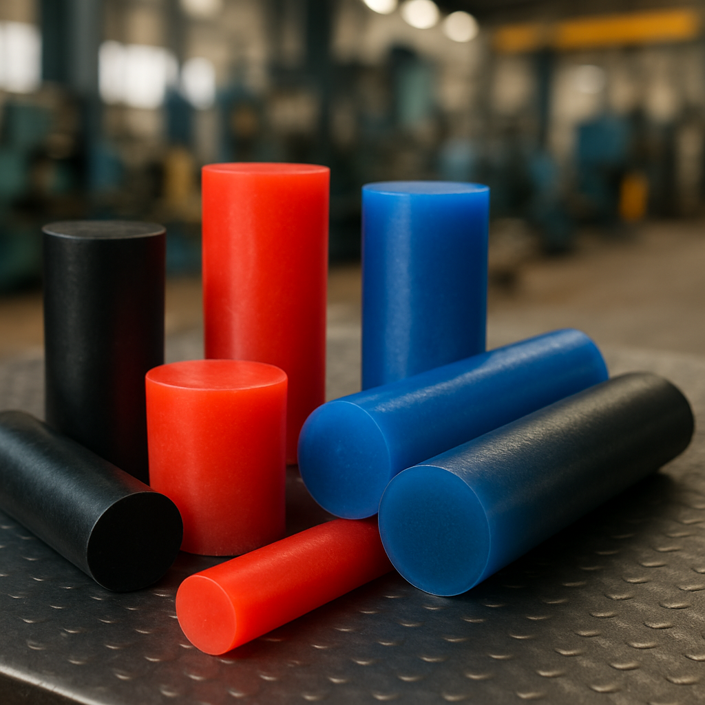 Conjunto de tarugos de borracha coloridos (vermelho, azul, preto) em diferentes alturas, dispostos sobre uma superfície metálica texturizada, sugerindo um ambiente de fábrica ou laboratório de materiais.