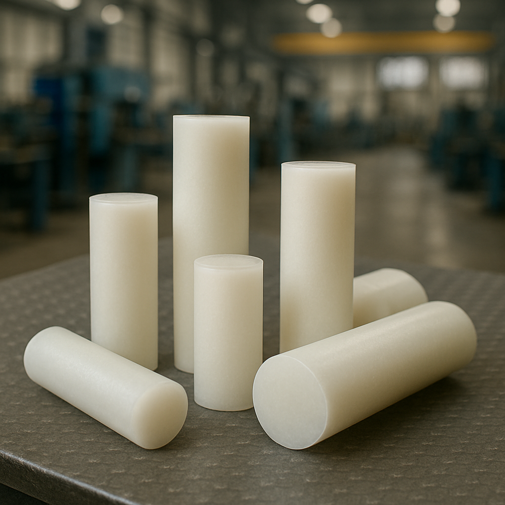 Conjunto de tarugos de borracha de cor neutra (off-white) em diferentes diâmetros e alturas, dispostos sobre uma superfície metálica texturizada. O cenário sugere um ambiente industrial ou de laboratório, com iluminação suave ao fundo e uma sensação de organização e prepare de peças para moldagem ou prototipagem.