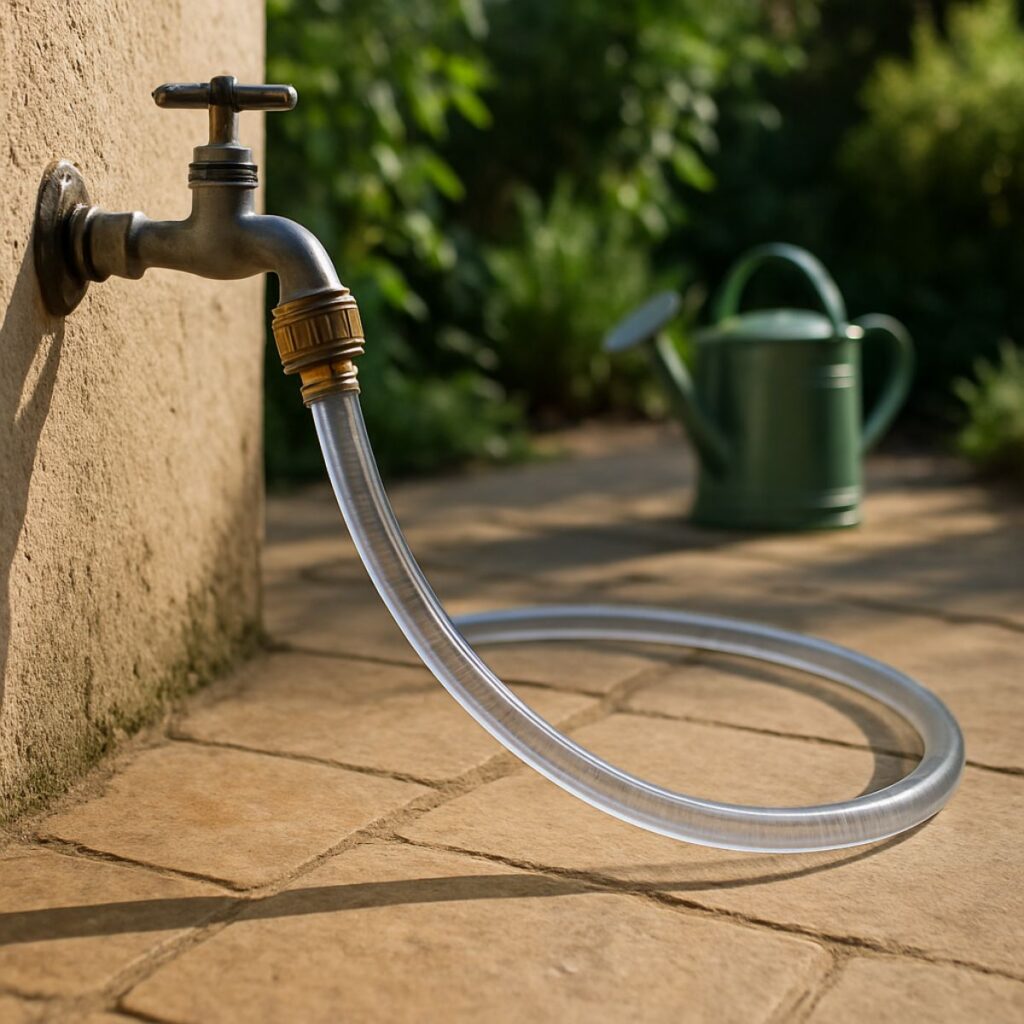 Um trocitador de jardim com mangueira flexível transparente ligado a uma torneira externa de parede. A mangueira se curva no chão formando um laço largo, com um bebedouro ou regador verde ao fundo e vegetação verde ao redor. A cena transmite uso doméstico ao ar livre, com foco na conexão entre a torneira, a mangueira e o acessório de jardinagem.