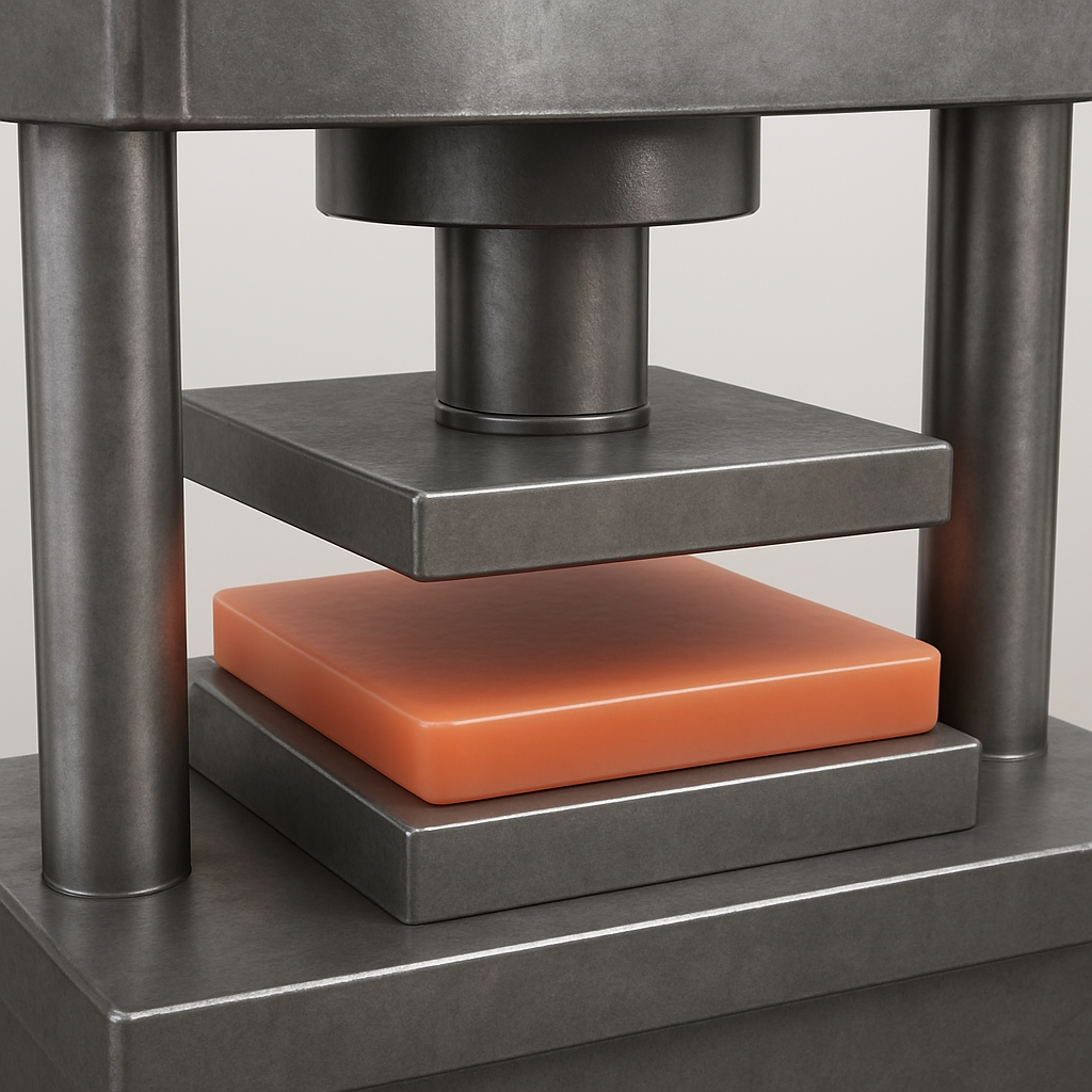 Máquina de ensaio mecânico com estrutura de metal cinza, featuring uma placa superior e uma base inferior separadas por um conjunto de dois platôs. Entre os platôs há uma peça laranja de formato retangular, apoiada sobre o platô inferior, sugerindo uma amostra sendo comprimida ou testada. O conjunto é robusto, com parafusos visíveis na superfície superior, e transmite a ideia de um equipamento de ensaio de compressão ou fatiga.