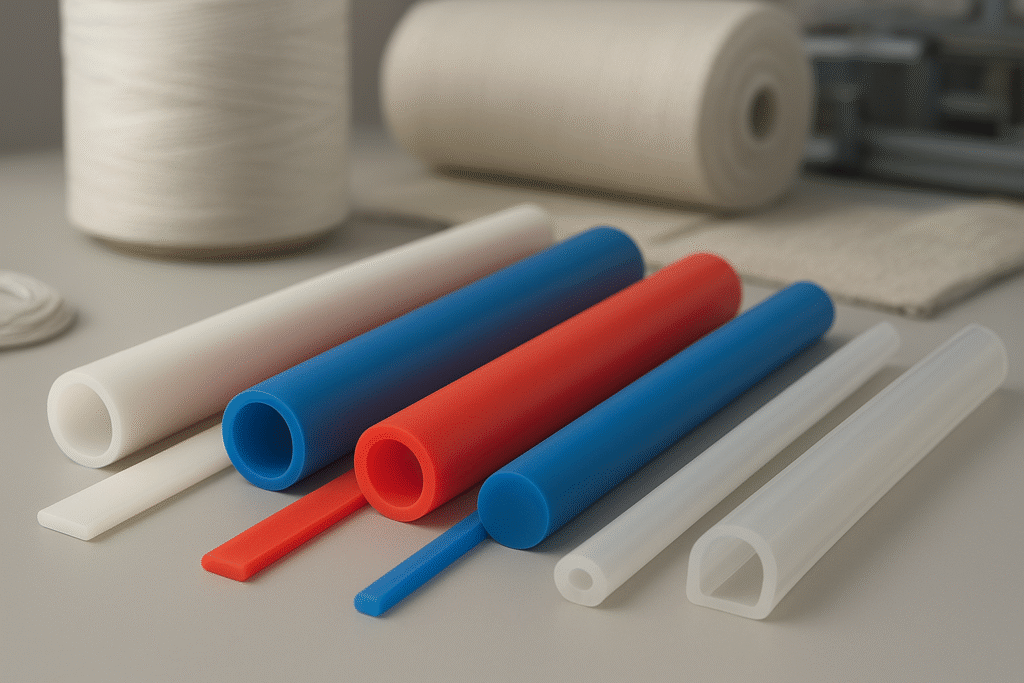 Conjunto de peças de silicone/plástico coloridas organizadas sobre uma superfície cinza. Há tubos cilíndricos de diferentes diâmetros em cores vermelho, azul e branco, bem como hastes menores e perfis de seção tubular. Ao fundo, há rolos de fio e uma área de trabalho industrial. A imagem sugere materiais utilizados em aplicações de vedação, isolação e montagem em máquinas industriais.