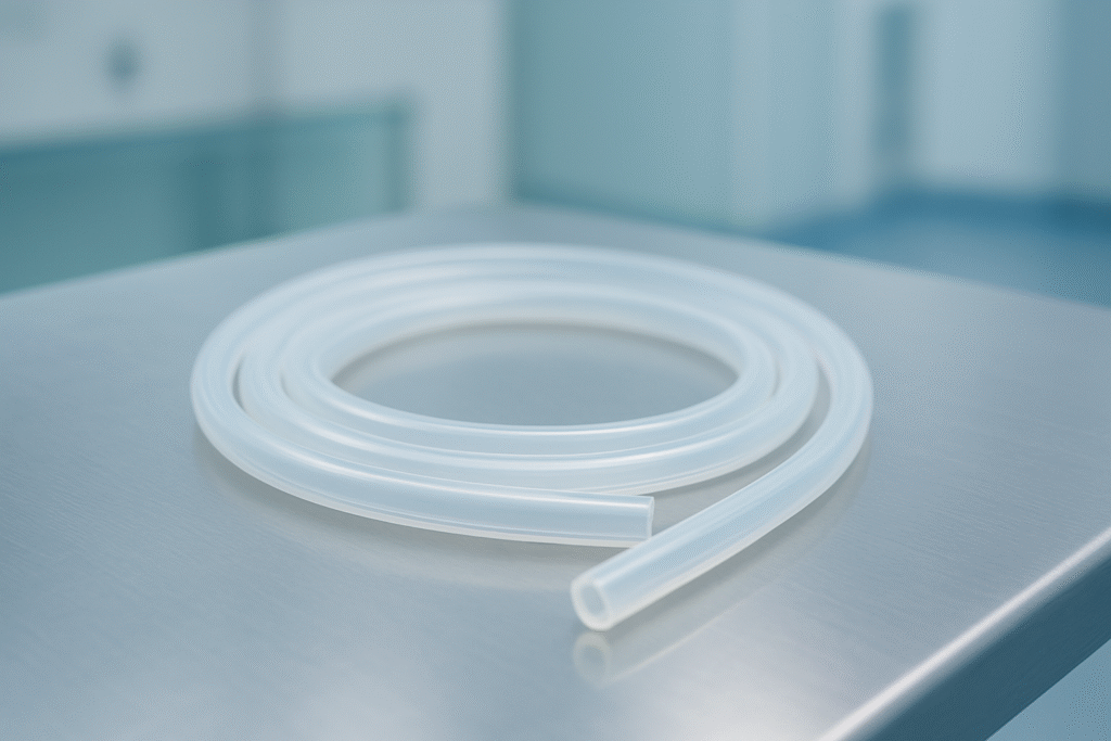 Um tubo cirúrgico de silicone translúcido está desenrolado sobre uma superfície metálica lisa, com um dos extremos aberto voltado para a câmera. O tubo é claro, com aparência translúcida e leve tonalidade azulada devido à iluminação suave. A cena parece estar em um ambiente de clínica ou laboratório, com fundo desfocado que sugere bancada e mobiliário clínico. A iluminação é uniforme, destacando a transparência e as paredes internas do tubo, que aparecem discretamente visíveis.