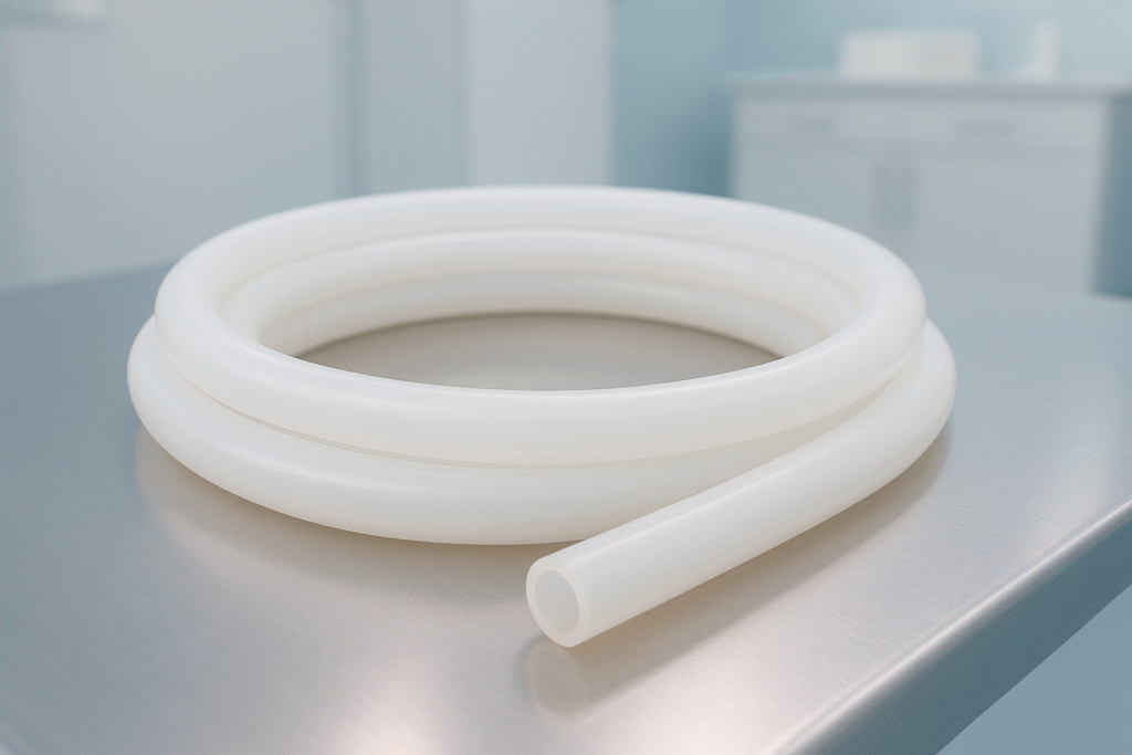 Um tubo cirúrgico de silicone translúcido está enrolado em espiral sobre uma superfície metálica lisa, com uma ponta aberta visível em primeiro plano. O material é translúcido e brilhante, exibindo tonalidades claras devido à iluminação suave. O ambiente parece clínico, com fundo desfocado que sugere uma bancada de laboratório ou consultório médico. A cena transmite um aspecto de equipamento médico estéril e pronto para uso, com foco na textura lisa do silicone e na transparência do material.