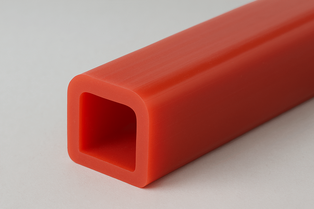 Imagem de uma mangueira de silicone vermelha com seção transversal quadrada oca. A peça é lisa, com cantos arredondados e superfícies suaves, colocada sobre uma superfície clara. A visão próxima mostra o interior vazado da mangueira, destacando o formato retrátil e a consistência flexível do material.