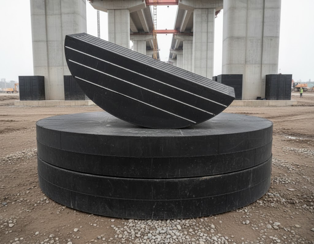 A imagem exibe um apoio de neoprene circular grande e preto no primeiro plano, com outro apoio de neoprene semiesférico, inclinado e com listras brancas, posicionado sobre ele. Ao fundo, um viaduto em construção com pilares de concreto maciços se estende sob um céu nublado, indicando uma obra de infraestrutura pesada. Outros blocos de apoio de neoprene menores são visíveis na paisagem do canteiro de obras.