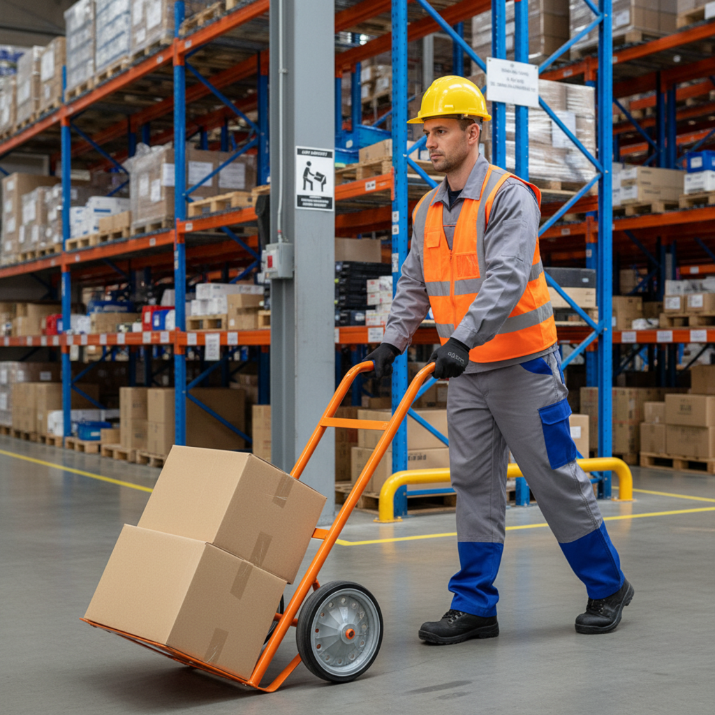 Funcionário em armazém empurrando um carrinho de mão com caixas de papelão. ele usa capacete amarelo, colete refletivo laranja, macacão cinza com detalhes azul e luvas pretas. Estante de pallets ao fundo, piso liso e sinalização de segurança visíveis. A cena sugere ambiente industrial com ações de manuseio de carga.