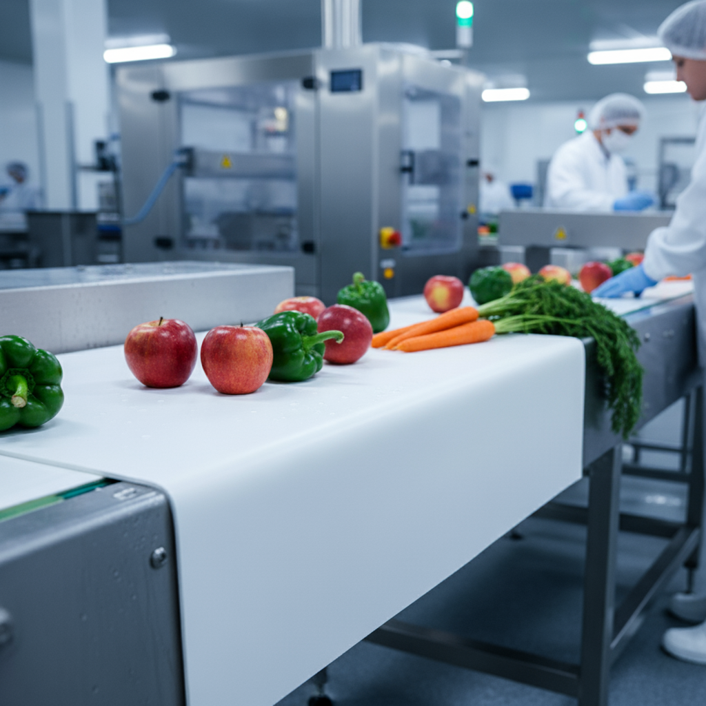Imagem de uma linha de processamento de alimentos em uma fábrica. Na bancada, várias frutas e vegetais inteiros, incluindo maçãs vermelhas, pimentões verdes e cenouras laranjas, alinhados sobre uma esteira transportadora. Ao fundo, operários em roupas de proteção (fatos brancos, toucas, máscaras e luvas) trabalham com equipamentos industriais de alto nível, com paredes e iluminação de fábrica. O ambiente é limpo e organizado, com cores predominantes de branco, prata e tons frios.