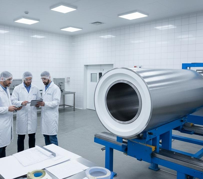 Centro de pesquisa ou laboratório de alta tecnologia com três profissionais usando jalecos brancos e toucas, discutindo informações em um tablet. Ao fundo, há uma grande peça de equipamento metálico cilíndrico apoiado em uma estrutura azul, possivelmente um acelerador ou componente de máquina. O ambiente é limpo e moderno, com paredes e piso brancos