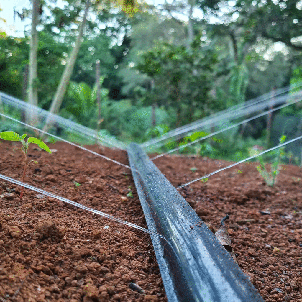 A imagem em close-up mostra um sistema de irrigação por gotejamento em ação em um solo avermelhado. Uma mangueira de gotejamento escura, úmida e com reflexos de luz, corre ao longo do centro da imagem. Pequenos jatos de água são emitidos da mangueira, formando arcos brilhantes que se estendem para fora e irrigam o solo ao redor das pequenas mudas verdes. O ambiente é um campo ou horta, com vegetação borrada ao fundo, indicando uma área de cultivo.