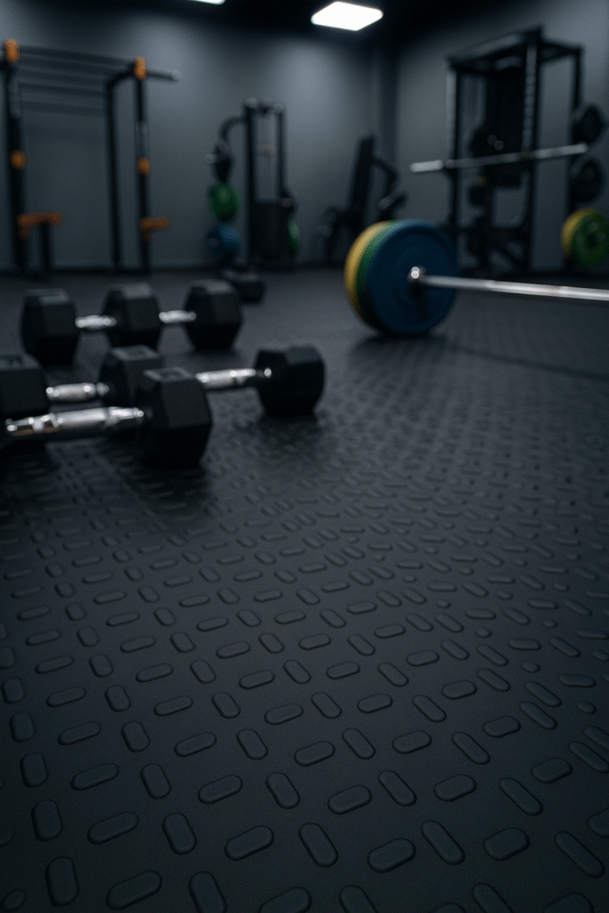 Sala de musculação com piso preto texturizado em padrão de losangos. Em primeiro plano, há halteres de diferentes pesos espalhados pelo chão. Ao fundo, equipamentos de treino como máquinas, bancos e uma barra com peso no rack. A iluminação é suave, criando um ambiente de treino profissional e bem organizado.