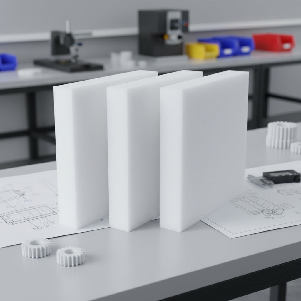 Três peças retangulares de espuma branca empilhadas em pé sobre uma bancada de oficina, com desenhos técnicos e peças plásticas/brancas ao redor. Fundo com bancada, ferramentas e estantes, sugerindo ambiente de prototipagem ou fabricação.