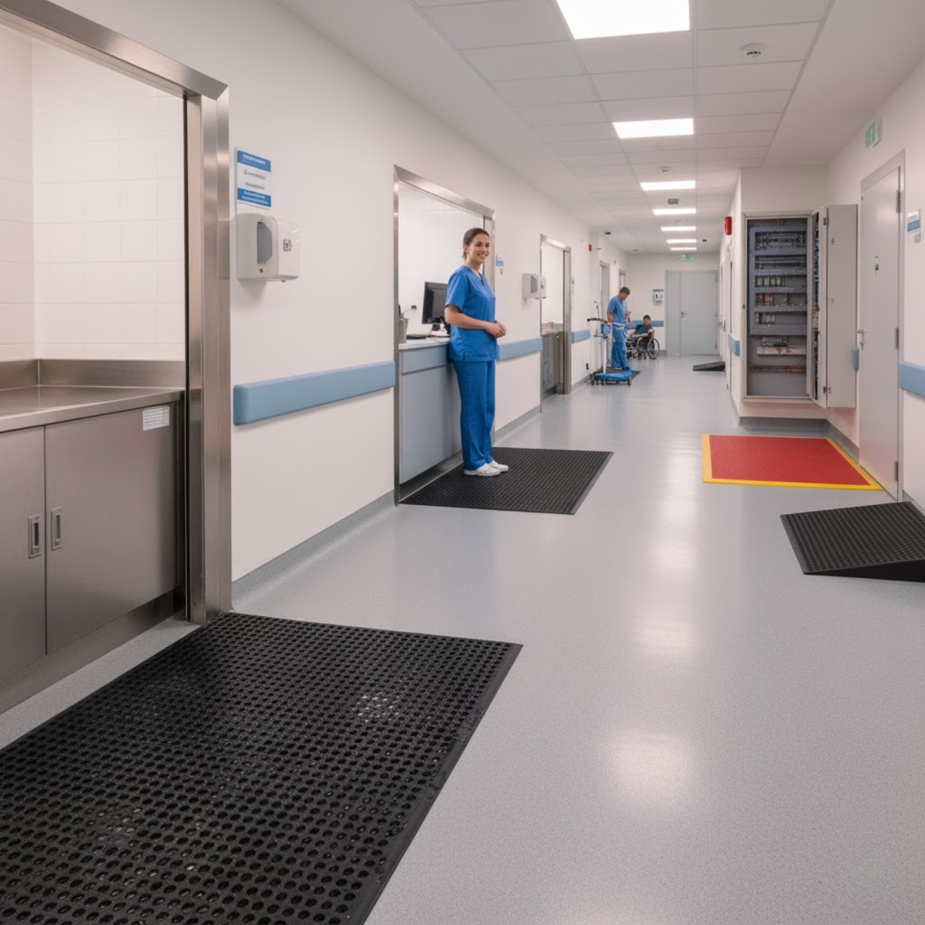Corredor de hospital com piso cinza claro e paredes brancas. Ao longo do corredor há várias portas e gabinetes, com tapetes pretos antiderrapantes distribuídos no chão. Em primeiro plano, à esquerda, uma área de enfermaria com bancada de aço; ao centro, uma enfermeira vestindo jaleco azul está de pé, sorrindo, próxima à bancada. No fundo, há outra pessoa em cadeira de rodas próximo a uma área de serviço aberta, com prateleiras e equipamentos médicos visíveis. Comunicação visual com placas azuis e iluminação branca clara.