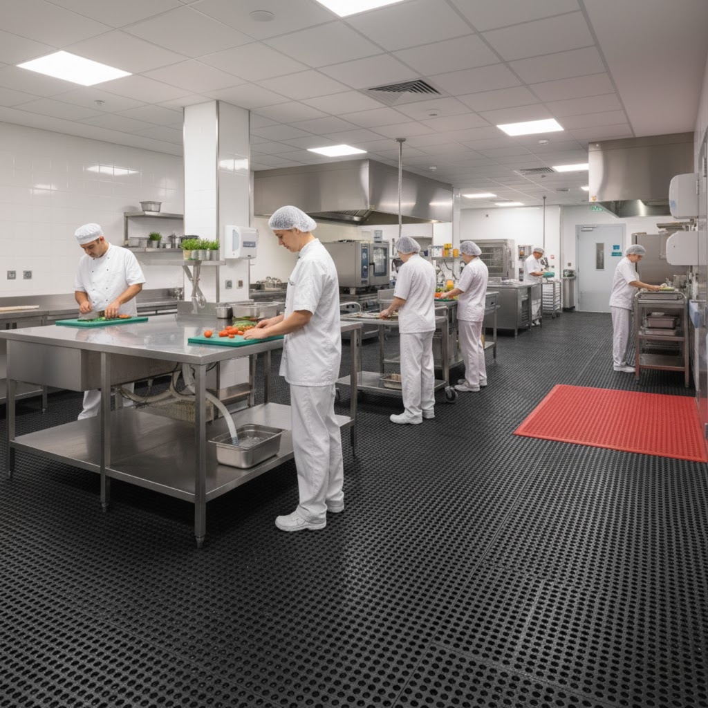 Cozinha industrial de hospital com piso preto antiderrapante em padrão perfurado. Em linha, várias pessoas vestindo roupas brancas e toucas cortas estão cortando vegetais em tábuas verdes sobre bancadas de aço inox. No fundo, equipamentos de cozinha profissional, vitrines e exaustores. Iluminação ampla e clara, ambiente limpo e organizado.