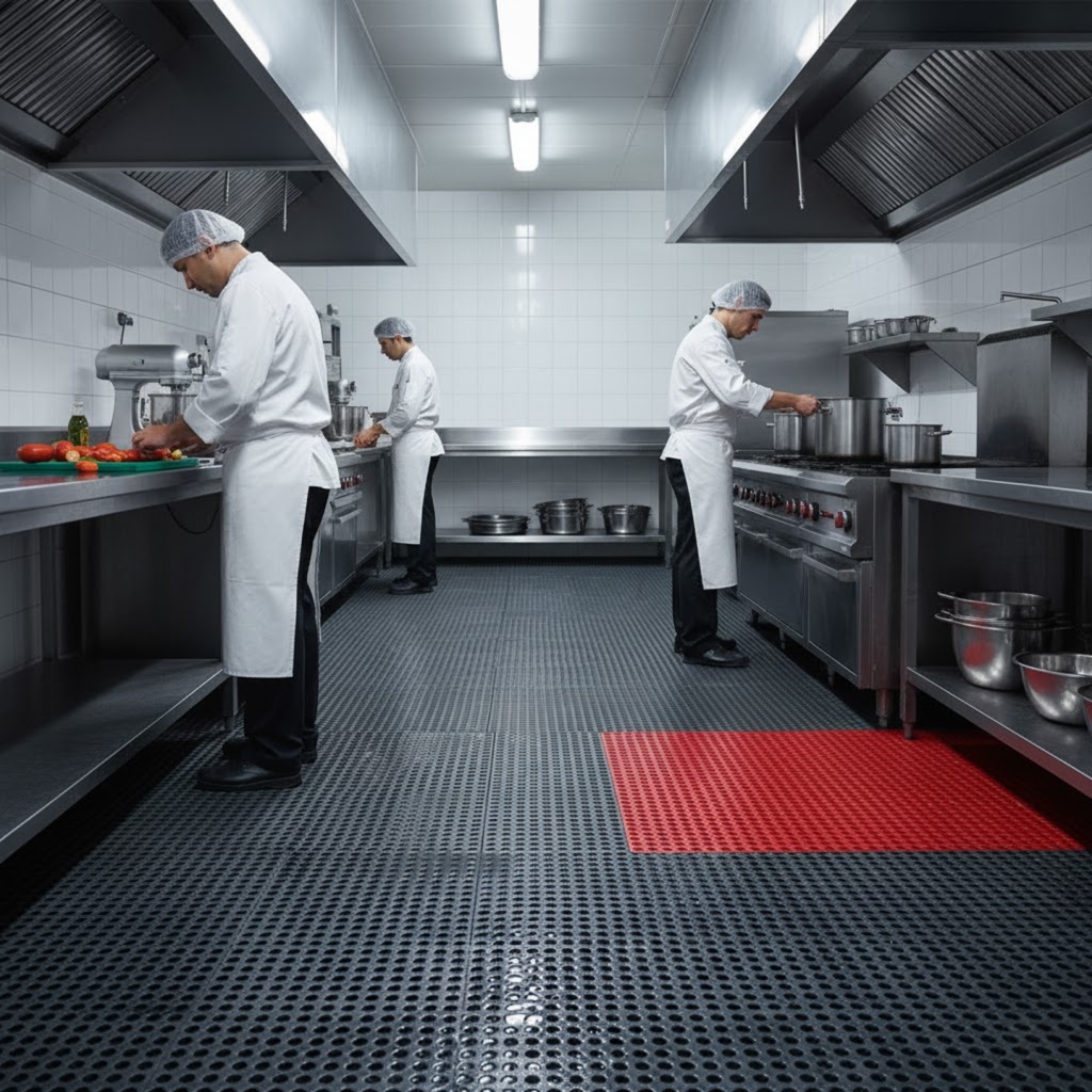 Coifa de cozinha industrial com piso preto antiderrapante em padrão perfurado. Em duas linhas de bancada de aço inox, três chefs vestindo jaquetas brancas, calças pretas e toucas trabalham preparando ingredientes e potes com utensílios. No fundo, fogões e equipamentos de cozinha profissional, com uma área de passagem ampla. Um tapete vermelho antiderrapante está sobre o piso próximo à bancada central. Iluminação clara, paredes brancas e ambiente limpo e organizado.