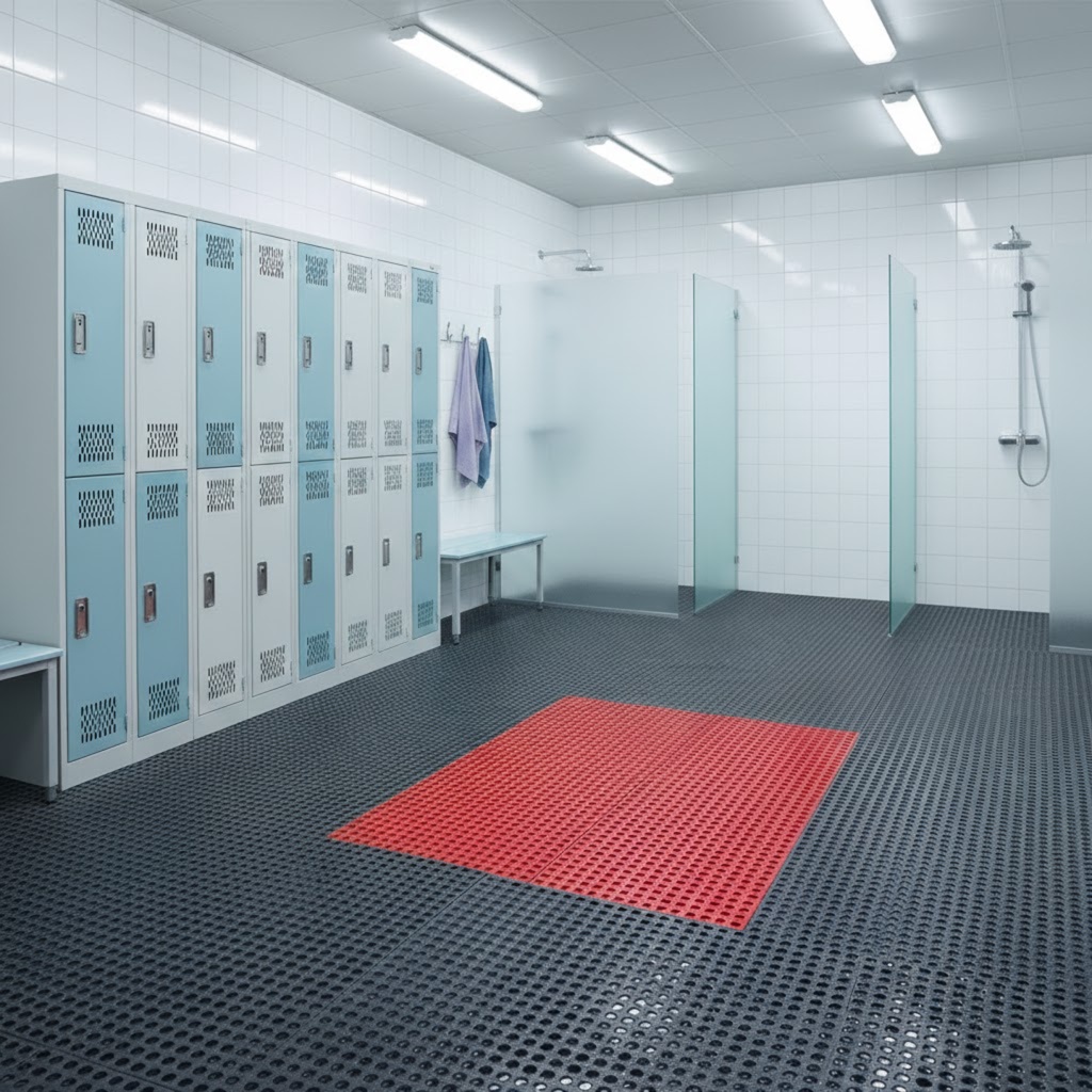 Pavilhão de vestiários de academia ou facility com piso preto antiderrapante perfurado. Do lado esquerdo, fila de armários altos brancos e azuis. Em frente aos armários, bancos de metal. Ao centro, área com toalhas penduradas, e ao fundo, divisórias de vidro que delimitam duchas com chuveiro. No piso, um grande tapete vermelho antiderrapante. Iluminação branca e uniforme, paredes brancas, ambiente limpo, organizado e seguro para uso de higiene e troca de roupas.