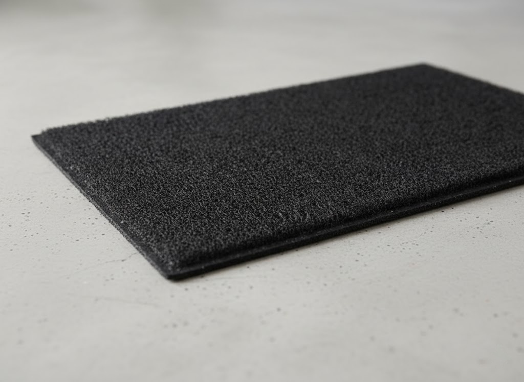 A imagem mostra um capacho preto de formato retangular, com uma textura granular, posicionado sobre uma superfície cinza clara. O capacho ocupa o terço inferior da imagem, visto de um ângulo ligeiramente superior.