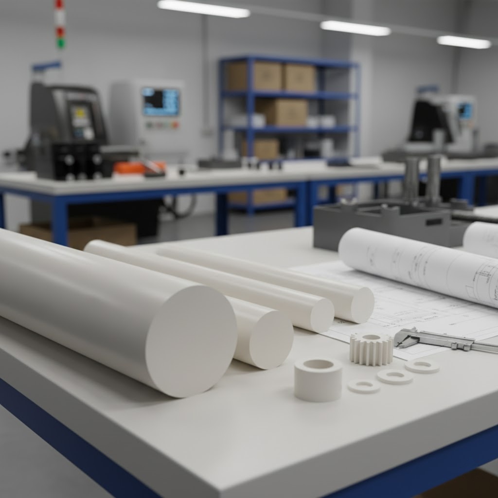 Mesa de laboratório com rolos brancos de papel/cartucho, peças cilíndricas pequenas e roscas brancas, sobre arquivos de engenhoca. Fundo com bancada, equipamentos de medição e prateleiras, tudo em tonalidades cinza e azul, em um espaço industrial.