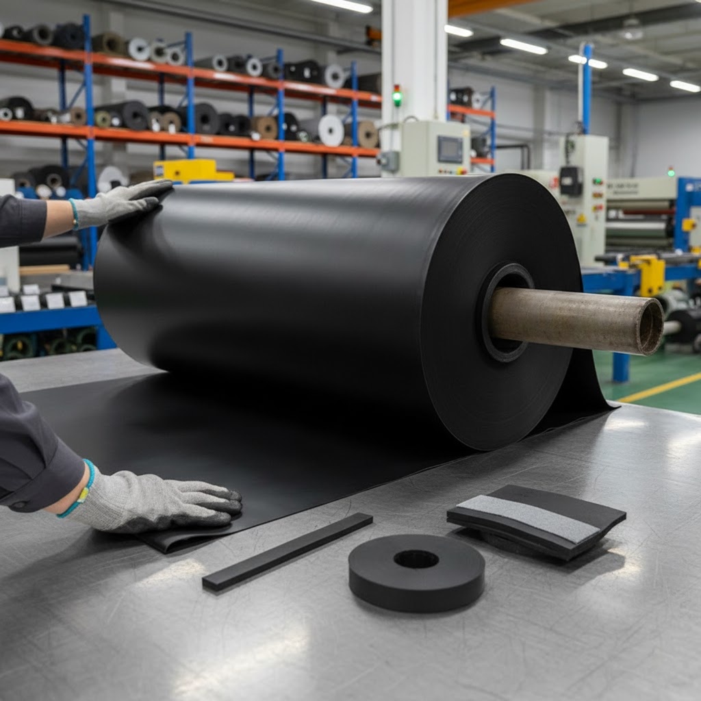 A imagem mostra uma grande folha de borracha butílica preta sendo desenrolada sobre uma mesa cinza em um ambiente industrial. As mãos de uma pessoa, usando luvas de proteção cinzas, estão visíveis no lado esquerdo, ajustando a folha. À direita, sobre a mesa, há diversas amostras do material em diferentes formatos: uma barra retangular, um anel, e pedaços de borracha em camadas com um material cinza no meio. Ao fundo, prateleiras de armazenamento com mais rolos de material e máquinas industriais são visíveis, indicando uma fábrica ou armazém de produção.