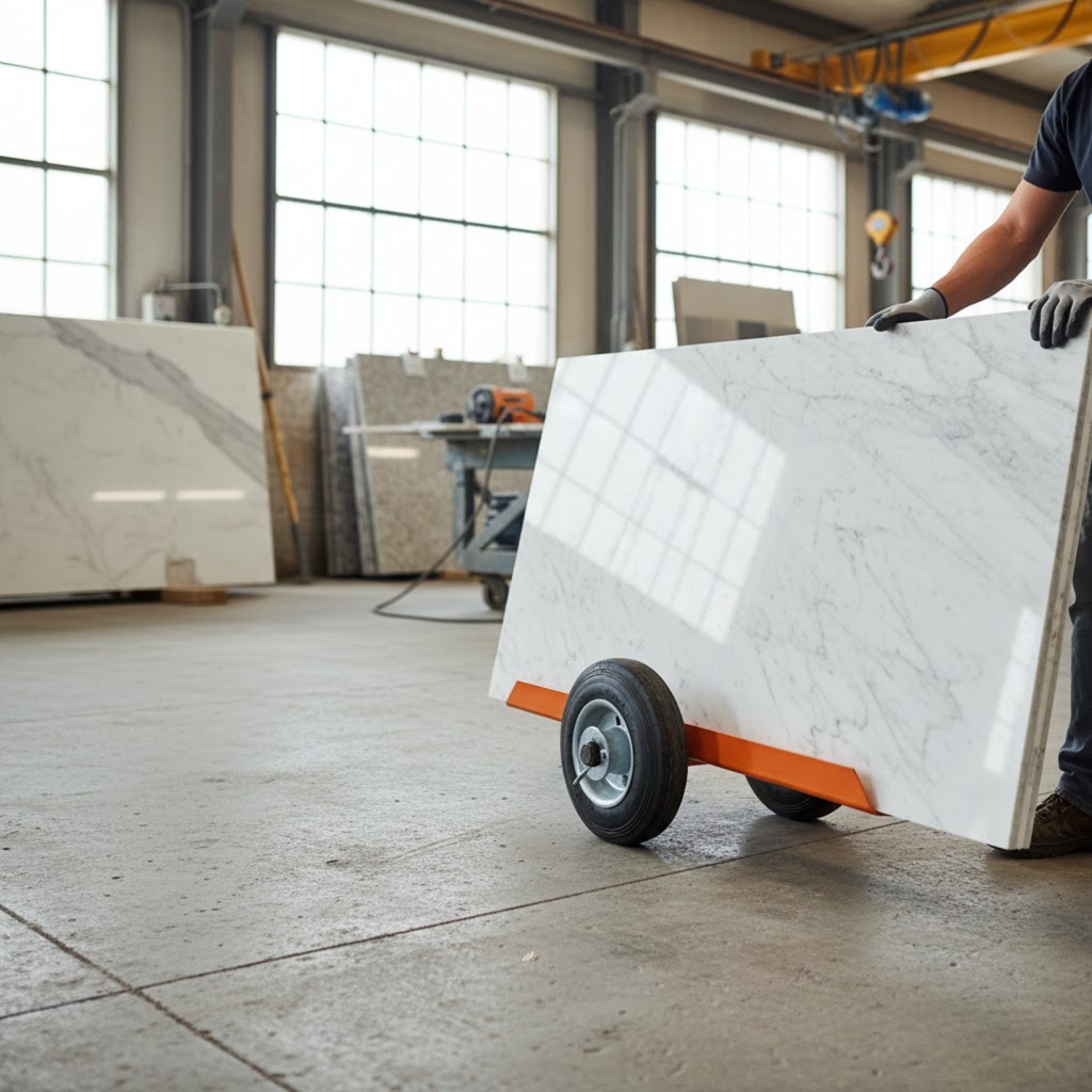 Operário movimentando uma placa de pedra ou mármore em um carrinho com rodas dentro de um ateliê ou fábrica. A peça grande, com veios tipo mármore branco, está apoiada em uma base de metal laranja. O espaço tem piso de concreto, iluminação natural pelas grandes janelas, e equipamentos de corte/armazenamento ao fundo, sugerindo um ambiente de produção de materiais de construção.
