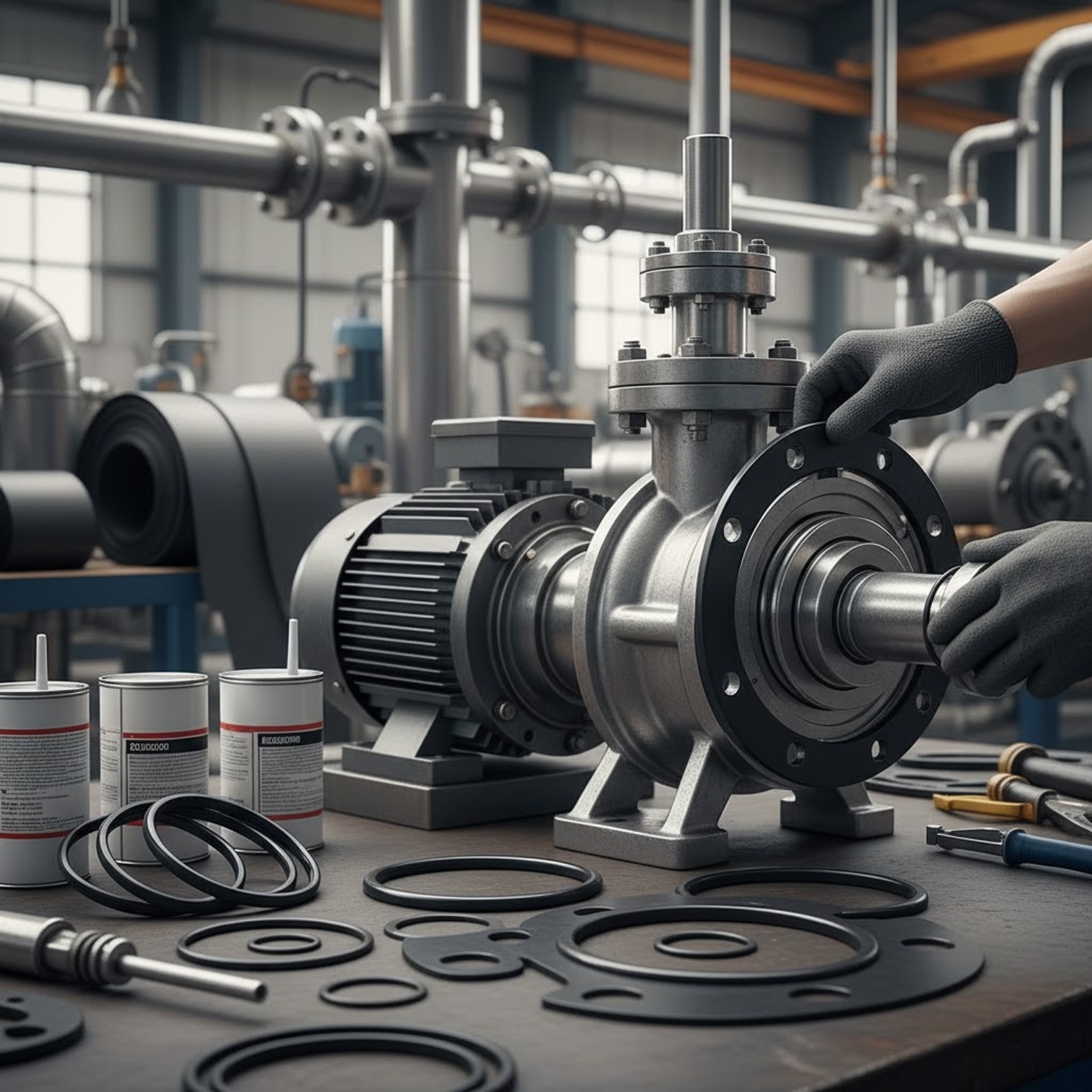 Imagem de uma oficina industrial com uma máquina grande (motopropulsor) e ferramentas ao redor. Mãos usando luvas estão ajustando um componente cilíndrico na peça mecânica. Na bancada, há anéis, vedações, pistões e sprays de óleo/adhesivo, sugerindo manutenção ou montagem de componentes de transmissão. O cenário apresenta tubulações, equipamentos e iluminação de fábrica.