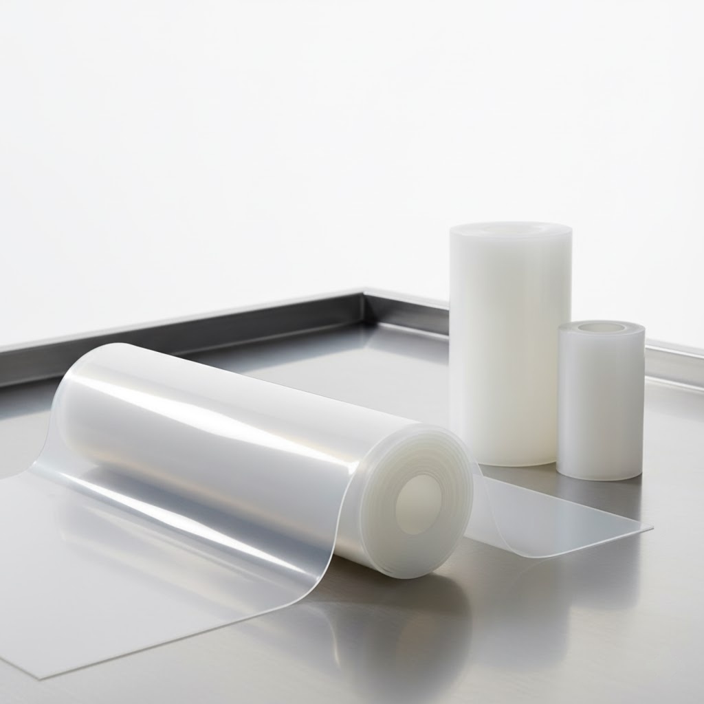 manta de silicone transparente em rolo grande, com dois rolos menores ao fundo, sobre uma superfície de metal. A manta é translúcida e brilhante, sugerindo uso em embalagem, proteção de produtos ou aplicações industriais. 