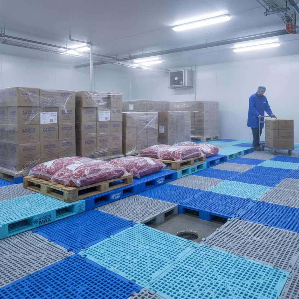 Área de armazenamento fria com pallets de madeira carregados de caixas de papelão, cobertos com film plástico. A frente exibe mantas de carne empacotadas em sacos, posicionadas sobre plataformas de piso azul e cinza com grade. Um funcionário vestindo jaleco e capacete está ao lado de uma empilhadeira leve, manobrando caixas pequenas. O ambiente é iluminado por luminárias, com prateleiras e equipamento industrial ao fundo.