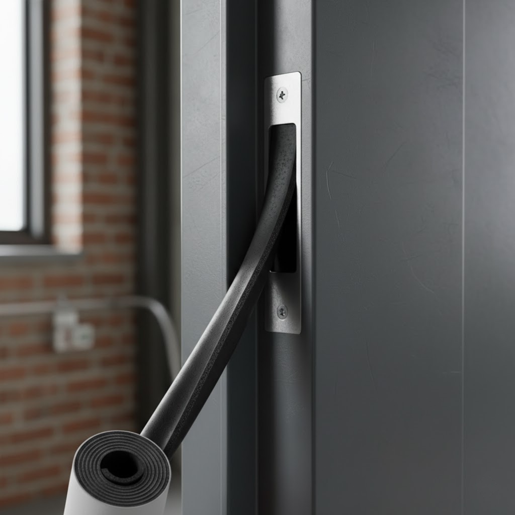 Fechadura de porta resposta com faixa de borracha ao redor da abertura.