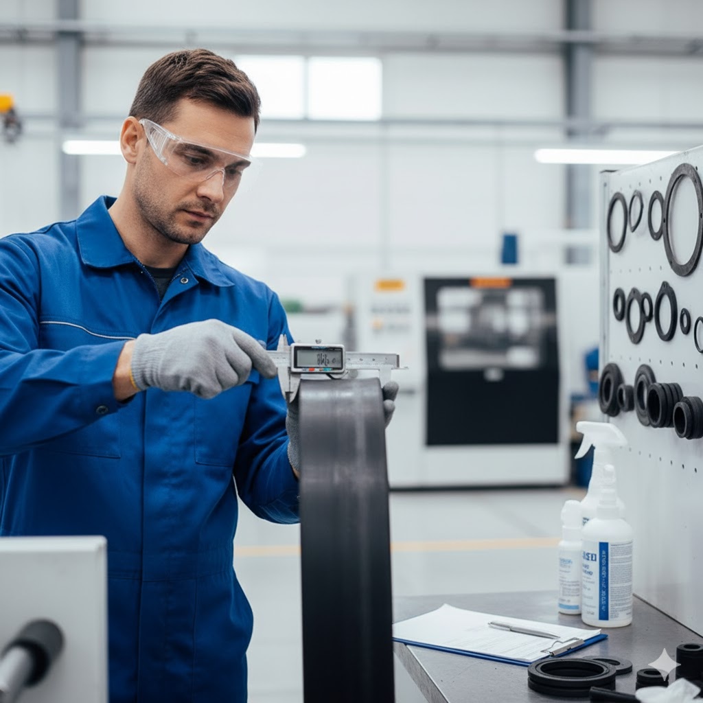 Operário em macacão azul e óculos de proteção realizando medição em uma peça cilíndrica com um paquímetro digital. Trabalha em ambiente industrial, com bancada repleta de peças de vedação de borracha e ferramentas. Fundo com estantes e equipamento de oficina, incluindo sprays de limpeza.