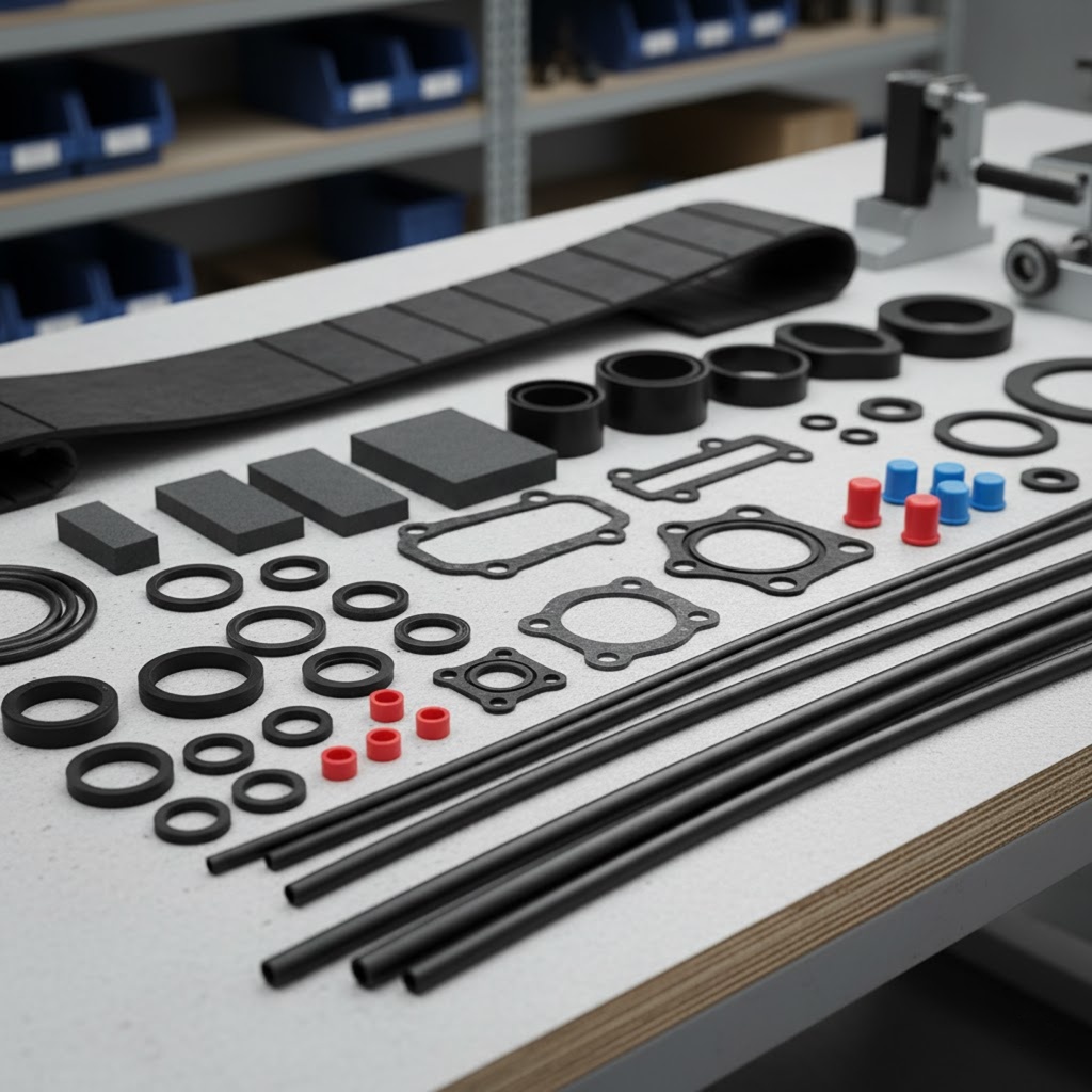 Conjunto variado de peças de vedação em borracha e plástico dispostas sobre uma bancada: anéis, vedações oculares, gaxetas, tampas coloridas, tiras alongadas, e retentores, pranchas de peças retangulares e itens de montagem. Fundo com ambiente de oficina ou laboratório.