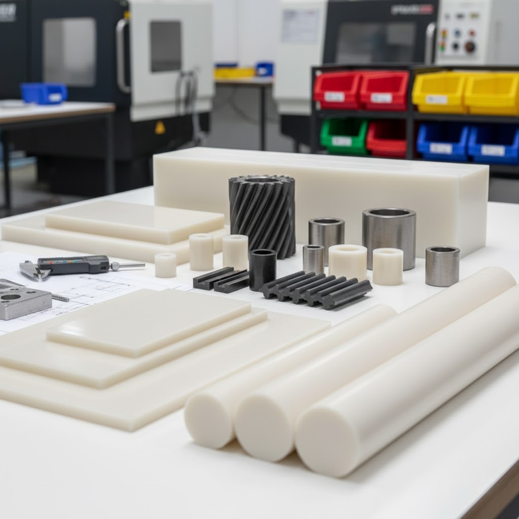 Mesa de oficina com diversos componentes de borracha e plástico: cilindros brancos, rolos longos brancos, blocos retangulares, anéis e vedações pretas, rolos cônicos pretos, e peças cilíndricas de metal acinzentado. Em segundo plano, máquina CNC e caixas coloridas organizadas. A bancada está limpa e organizada, sugerindo ambiente de prototipagem ou fabricação de peças de vedação
